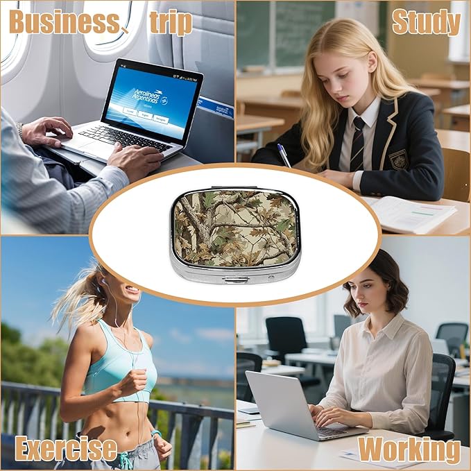Pill Box-2 Compartment Small Pill Case Square Organizer Case with Mirror Portable Metal Medicine Box Travel Container for Pocket & Purse Women Men(Camo Forest)