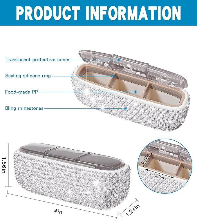 Bling Travel Pill Organizer Crystal Rhinestone 3 Compartments Independent Lid Portable Small Pill Case Box to Hold Vitamins Container for Pocket Purse Medicine Organizer