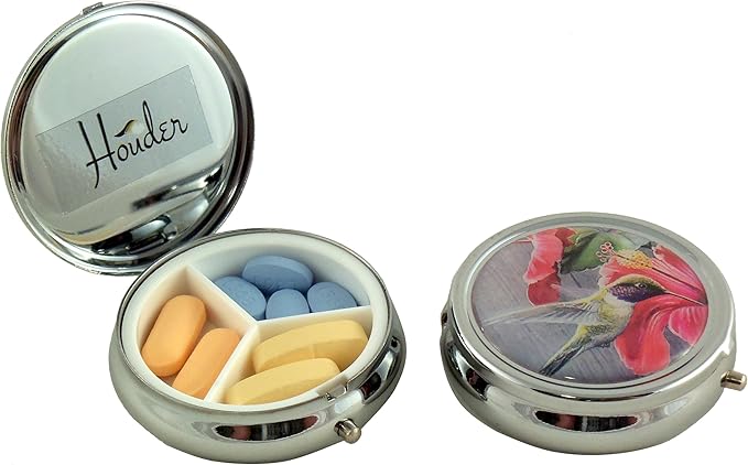 Designer Pill Box by Houder - Decorative Pill Case with Gift Box - Carry Your Meds in Style (Hummingbird)