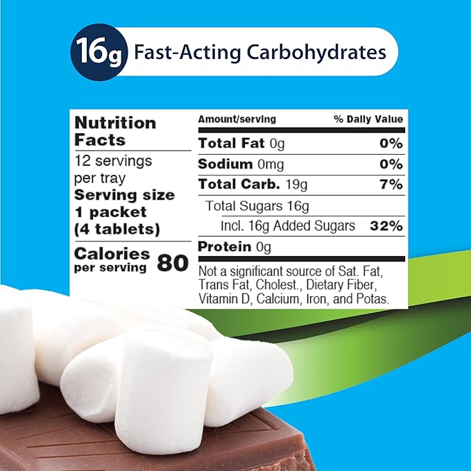 TRUEplus Soft Tabs Glucose Tablets, Chewable, Chocolate Marshmallow Flavor, 16g Fast-Acting Carbohydrates, Fat Free, Gluten Free, Raise Low Blood Sugar and Boost Energy, 4 Count, 72 Packs