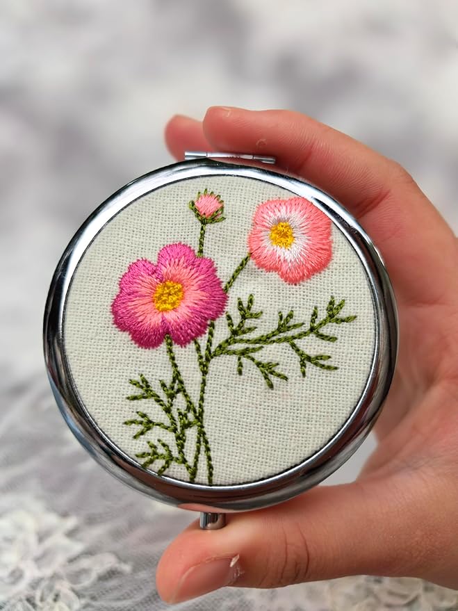 Leimandy 3-Compartment Embroidery Travel Pill Organizer with Mirror Portable Pill Case for Medication & Vitamins Compact Gift Box for Birthdays | Thanksgiving |Teachers Gift L3 (Cosmos Flower)