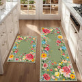 Green Floral Kitchen Mats for Floor, Red Rose Flower Boho Kitchen Rugs Sets of 2, Non Skid Washable Rubber Runner Rugs, Spring Home Decor Accessories 17x30 and 17x47 Inch