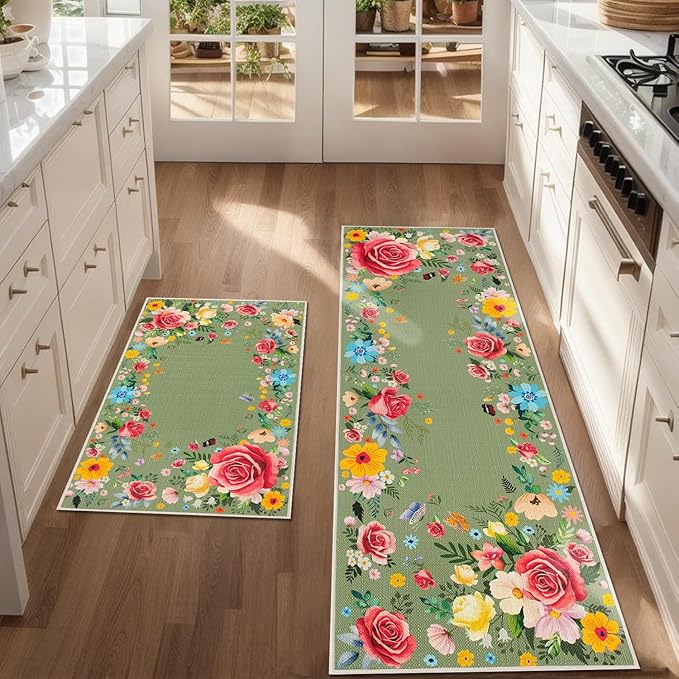 Green Floral Kitchen Mats for Floor, Red Rose Flower Boho Kitchen Rugs Sets of 2, Non Skid Washable Rubber Runner Rugs, Spring Home Decor Accessories 17x30 and 17x47 Inch