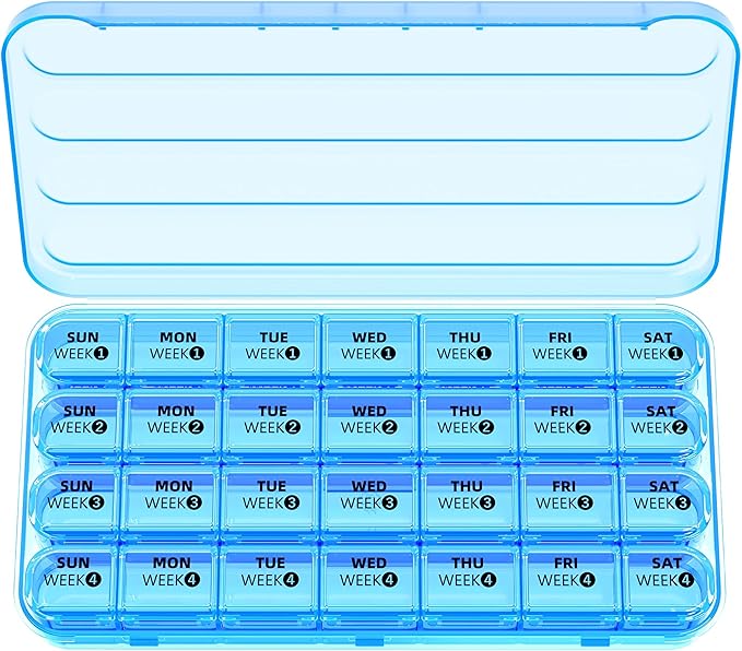 Betife Monthly Pill Organizer 1 Time a Day, 4 Weekly Pill Box Organizer Once a Day, 30 Day Large Pill Case for Travel, 31 Day Daily Medcine Container for Vitamins, Supplement & Medication (Blue)