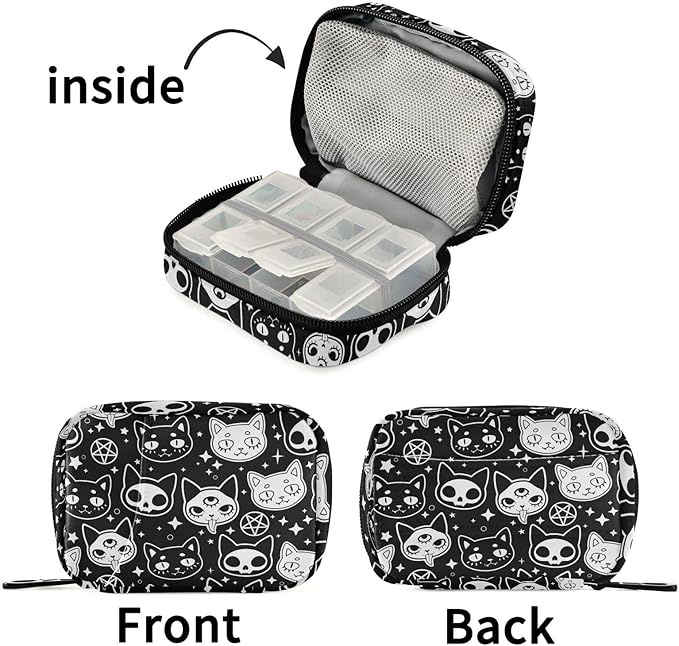 Fustylead Magical Symbols of Witchcraft Cats Pill Organizer Travel Portable Zipper Cloth Bag for Holding Weekly Supplements Vitamins and Fish Oils