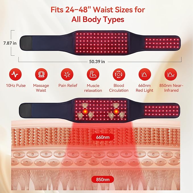 Red Light Therapy Belt, Cordless Red Light Belt with Vibration Massage, 660/850nm Infrared Wrap for Back/Abdomen, 5000mAh Rechargeable-Pain Relief/Circulation Boost/Muscle Relaxation, Gift for Parents