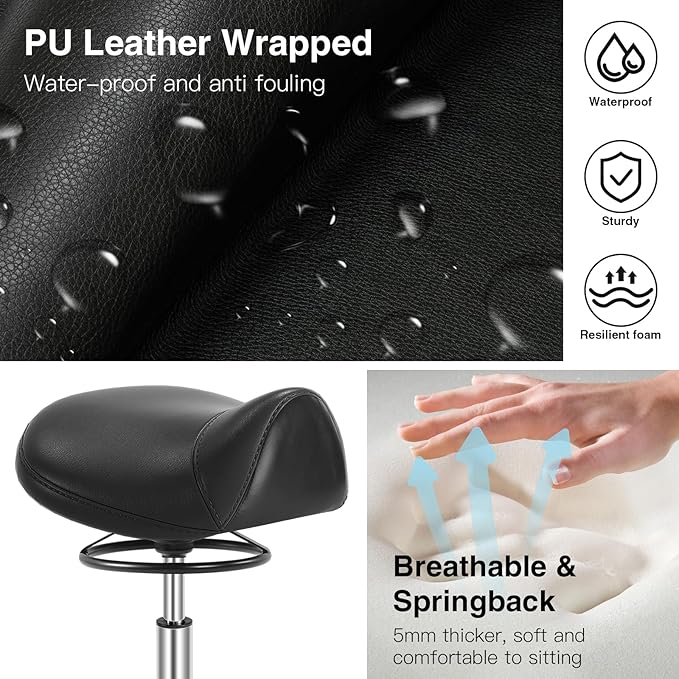 SALONFACTORY Saddle Stool with Wheels 300 lbs Weight Capacity, Heavy Duty Rolling Stool for Medical Massage Salon Kitchen Spa Drafting Nail-Tech,Height Adjustable,360 Swivel,Wide Thick Seat Padding
