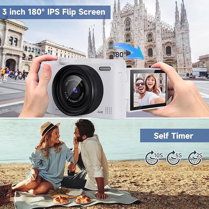 Digital Camera 4K for Photography, 50MP Vlogging Camera for YouTube Video with Flash and 3" 180° Flip Screen, 18X Digital Zoom Compact Travel Cameras with 64GB TF Card for Teens Beginner (White)