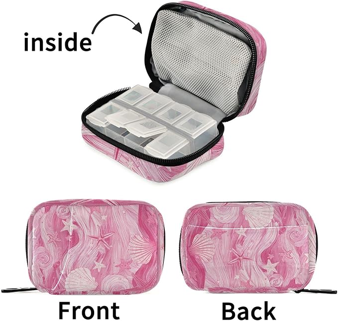 Bright Pink Waves Starfish and Shells Travel Pill Organizer Case Box Container Weekly Portable Vitamin Medicine Holder Storage Bag with Zipper Removable
