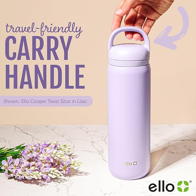 Ello Cooper Twist 22oz Stainless Steel Water Bottle with Chug Lid | Leak Proof Double Walled and Vacuum Insulated | Fits Car Cupholder | Built in Carry Loop | Dishwasher Safe | Lilac