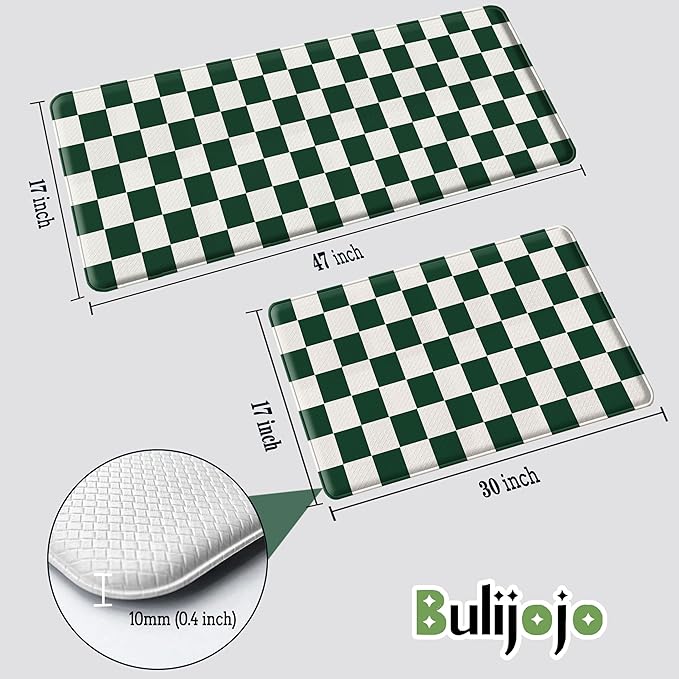 Bulijojo Green Buffalo Plaid Anti Fatigue Kitchen Floor Mats Set of 2 Waterproof Kitchen Sink Runner Rug Standing Mat Cushioned Kitchen Rugs Comfort Doormat 17"x47"+17"x30"