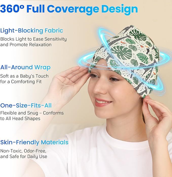 Migraine Relief Cap, Reusable Headache Relief Cap with Hot & Cold Therapy, Soothing Headache Hat, Odorless Gel Ice Head Wrap for Tension, Stress, Sinus & Headache, Rainforest Style, 1Pc