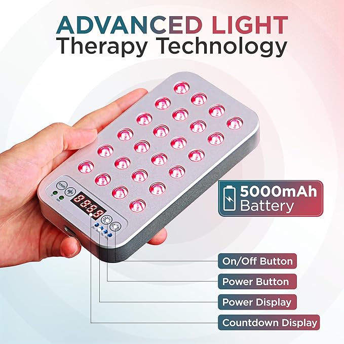 The Mini Go Handheld Red Light Therapy Device, 24 LEDs, 5 Brightness Levels, Adjustable Frequencies, Rechargeable Battery, Red and Infrared Light Therapy, On The Go Light Therapy, Gray