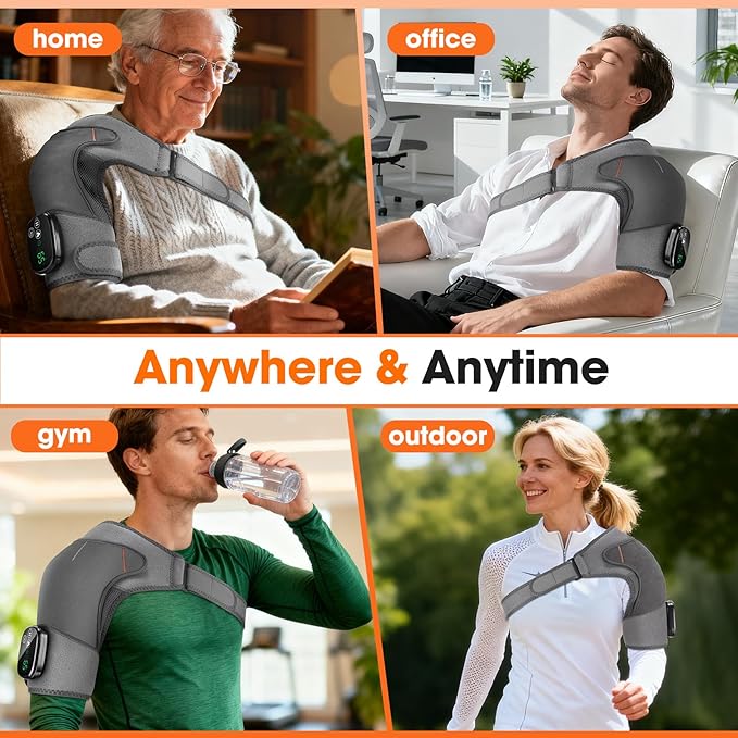 Shoulder Heating Pad with Massage, Cordless Heated Shoulder Brace Wrap Massager for Pain Relief Deep Tissue, Rotator Cuff Heating Pad, Gray
