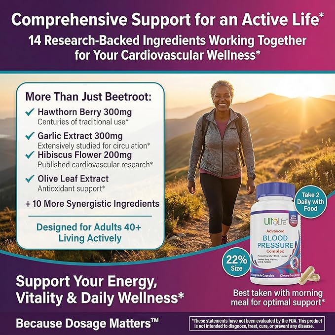 ULTALIFE Blood Pressure Supplements - Advanced Blood Pressure Supplement Complex - Hawthorn Berry, Hibiscus, Garlic, Forskolin - 14 Vitamins & Herbs, 30 Day Supply in Veggie Capsules