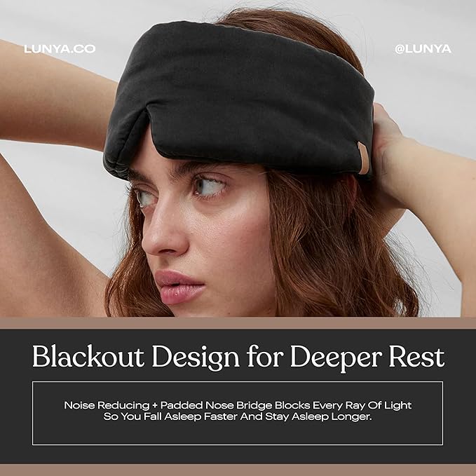 Lunya Washable Silk Sleeping Mask - Thermoregulating Mulberry Silk, Light Blocking and Comfortable Fit – Sleep Mask for Women and Men with Box - Immersed Black - Large