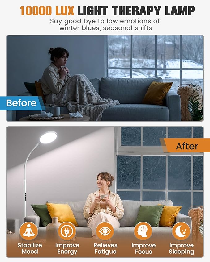 10000 Lux Light Therapy Lamp, Sunlight Therapy Lamps with 3 Color Temperatures &Dimmable &Timer, Full Spectrum &UV-Free Happy Lamp Light Therapy with Remote, Daylight Lamps for Home(White, Floor Lamp)