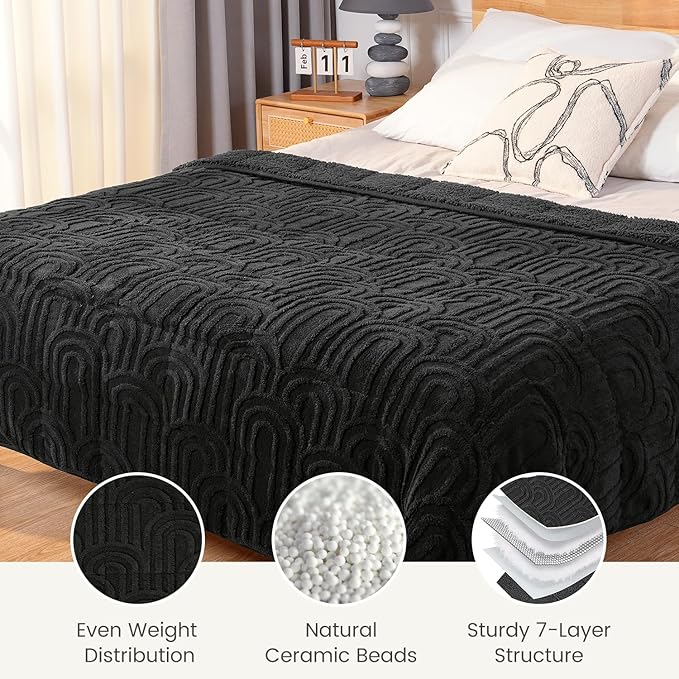 Sherpa Fleece Adult Weighted Blanket Great for Sleep, 15 lbs Dual Sided Soft Fuzzy Heavy Blankets for Couch Bed Sofa, Cozy Warm Fluffy Arched Jacquard Throw for Winter (Black, 60" x 80", 15 Pounds)