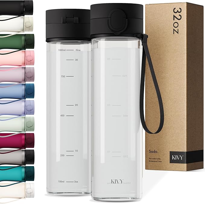 KIVY Slim Water Bottle 32oz with Leakproof Flip Lid [Lightweight & Shatterproof] Fits Backpack & Cupholder for Travel, Sports, School - Tall Gym Water Bottle with Measurements - Dishwasher Safe