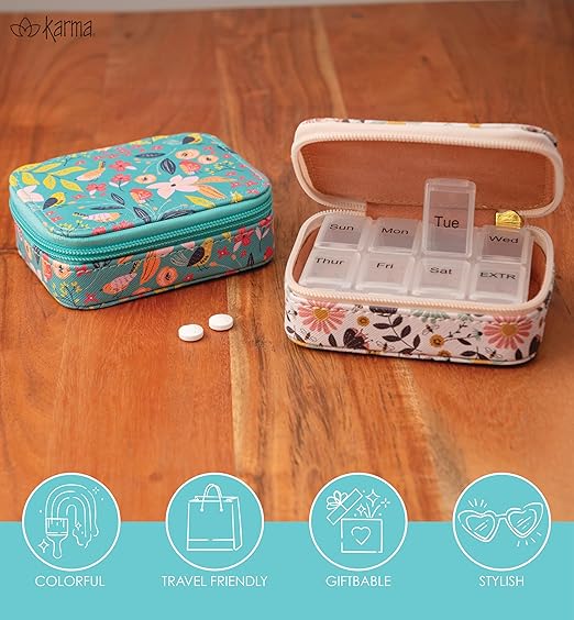 Karma, Travel Pill Case, Weekly Travel Pill Organizer, Removable 8-Compartment Pill Box, Travel Pill Medicine Organizer, Stamps