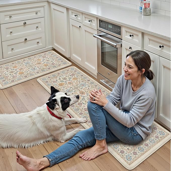 KIMODE Anti Fatigue Kitchen Mats for Floor, Boho Vintage Kitchen Rugs Sets of 2, Cream Colored Cushioned Kitchen Floor Mats, Comfort Standing Mat for Sink Laundry Office Desk 17"x47"+17"x29"
