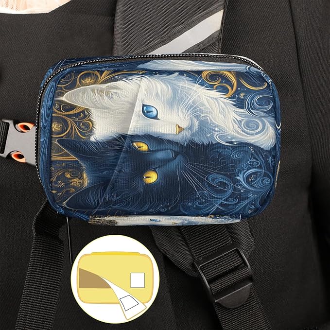 Weekly Travel Pill Organizer Case for Purse with Removable 7 Day Box Portable Compact Size Pill Box Fashionable Pill Container for Medicine Vitamin Supplement Blue White Cat