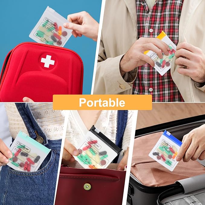 Serfeymi 48 Pcs Pill Pouch Bags for Travel Reusable Plastic Bags 3x3 Inch 12 mil (Double Sided) Translucent Zippered Pill Pouches for Medicine with Slide Lock & Writable Label, 1 Pc Marker-Green+White