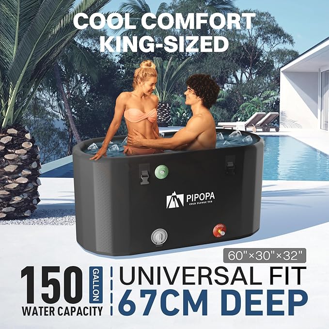PIPOPA Inflatable Ice Bath Tub for Athletes | Water Chiller Compatible | Long-Lasting Insulation | Outdoor, Indoor, Portable | Drain Valve Included - XXL 60"L x 30"W x 32"H