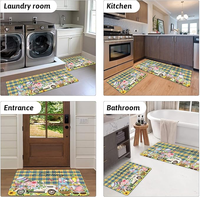 Easter Anti Fatigue Kitchen Mat Set of 2 Spring Non Slip Rubber Runner Rug Flower Gnomes Truck Floor Mat Quick Absorbent Comfort Cushioned for Standing Sink Entryway Laundry 16x24+16x41in