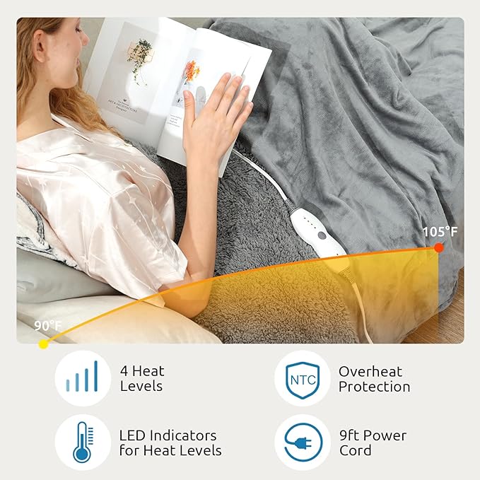 Drewin Heated Weighted Blanket, Sherpa Fleece Electric Throw Blanket 15 lbs for Adult, Fast Heating, Weighted Blankets Twin Size with 4 Heating Levels 2 Hours Timer Auto Off, 48 x 72 inches, Grey