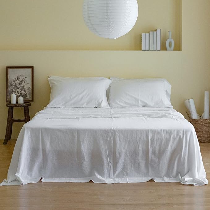 Simple&Opulence Belgian Linen Sheet Set Solid Color - 6 Pieces (1 Flat Sheet & 1 Fitted Sheet & 4 Pillowcases) 16" Deep Pocket Natural Flax Cotton Blended Soft Bedding - White, Queen Size