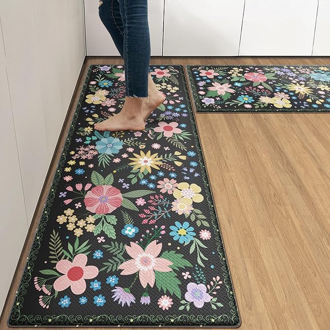 Arttown Flower Anti-Fatigue Kitchen Rug Set of 2 Floral Cushioned Floor Standing Mat Waterproof Non-Slip Mat and PVC Ergonomic Comfort Foam Rug