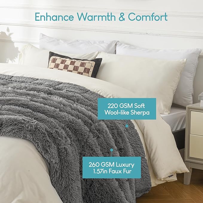 Cottonblue Adults Weighted Blanket 17lbs 60x80 inches for Queen Bed, Faux Fur Sherpa Weighted Blanket for Sofa Couch Bed, Plush Cozy Bed Blanket with Glass Beads for Calm and Relax, Grey