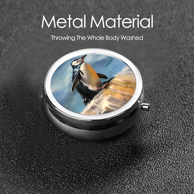 Watercolor Penguin Cliff Pill Box 3 Compartment Pill Case, Portable Medicine Pill Organizer for Pocket Purse Pill Box Decorative Metal Medicine Vitamin Organizer