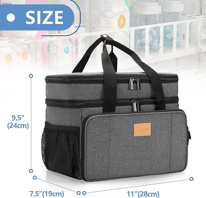 LUXJA 2 Layers Medicine Bag with Detachable Divider, Pill Bottle Organizer Suitable for Home or Travel Use, Gray