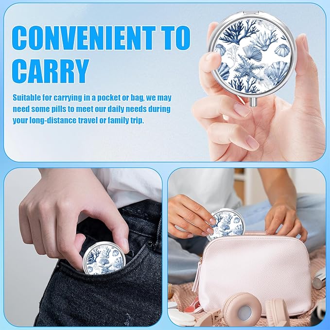 Pill Box, 3 Compartments Small Pill Case Travel Portable Metal Medicine Box with Mirror Mini Container for Purse Pocket Women Men（Starfish Seashell）