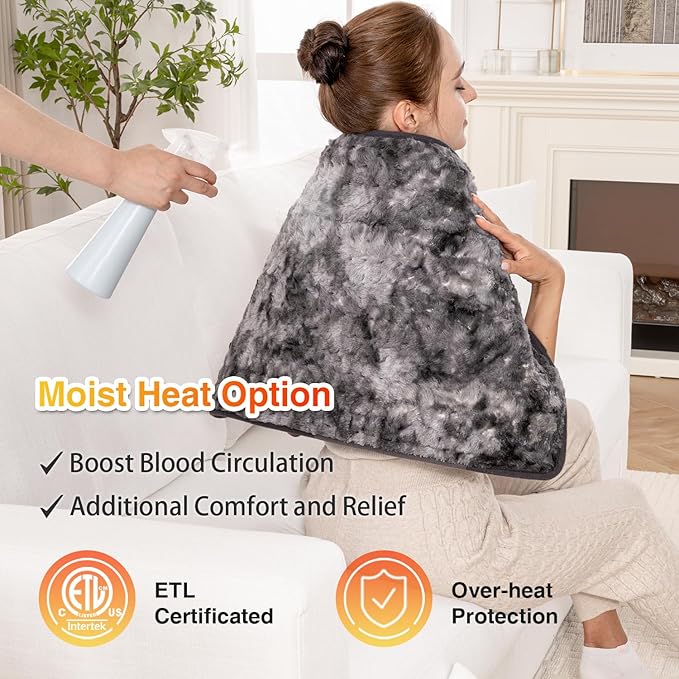 Woomer Heating Pad for Back Pain Relief, Extra Large Electric Heating Pad for Period Cramps, Moist&Dry Options, 6 Heat Setting, 2H Auto-Off, Cozy Faux Fur, 17” x 33”, Marble Grey