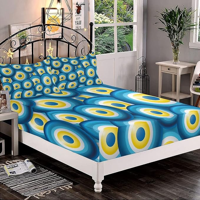 XISUNYA Decorative Fitted Sheet Set Full Size, Evil Eye Deep Pockets Fitted Sheet & 2 Pillow Sham Set, Overlapping Evil Eye Figures Turkish Lucky Sign Printed Microfiber Bedding 3pc Set,for Mattress