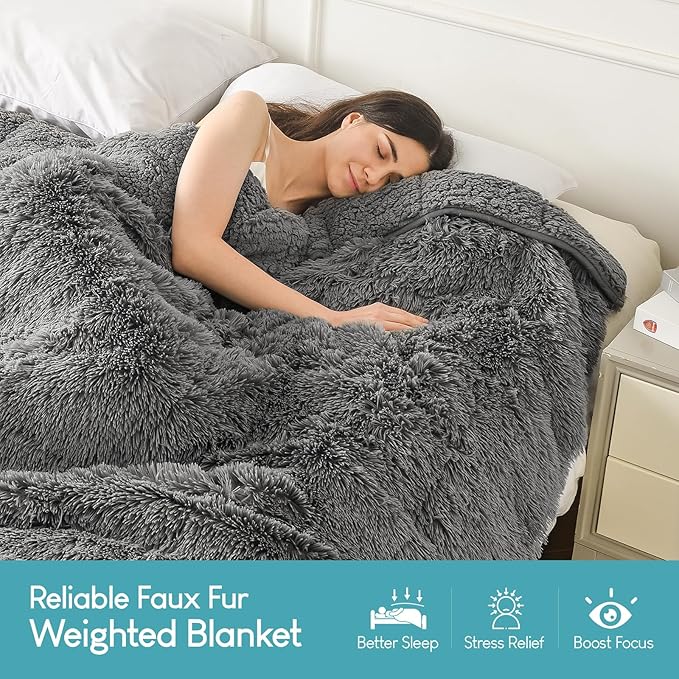 Cottonblue Faux Fur Reversible Sherpa Weighted Blanket 15lbs,Luxury Snugly Long Fur Warm Heavy Blanket 60x80 inches,Super Soft Fuzzy Fleece Blanket for Cold Days,Gray