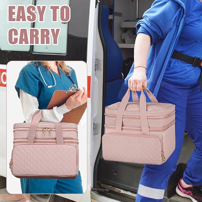 Yarwo Pill Bottle Organizer Empty, Double Layers Medicine Travel Storage Bag with 5 Customized Dividers and Lockable Zippers for Prescription Bottles and Emergency First Aid Supplies, Pink