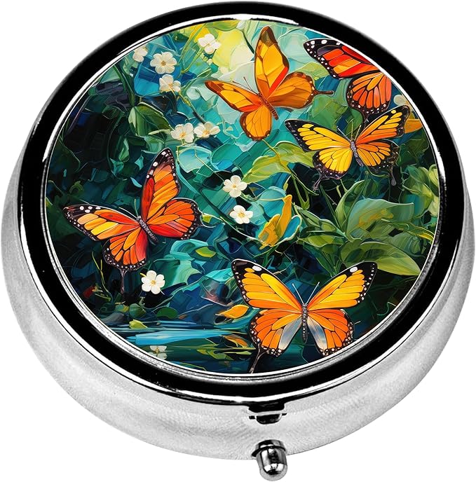 Pill Box, 3 Compartments Small Pill Case Travel Portable Metal Medicine Box with Mirror Mini Container for Purse Pocket Women Men（Watercolor Butterfly）