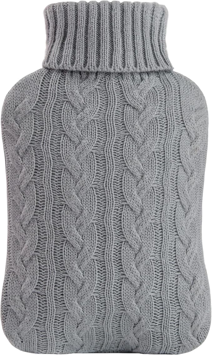samply Hot Water Bottle with Knitted Cover, 2L Hot Water Bag for Hot and Cold Compress, Hand Feet Warmer, Ideal for Menstrual Cramps, Neck and Shoulder Pain Relief,Grey