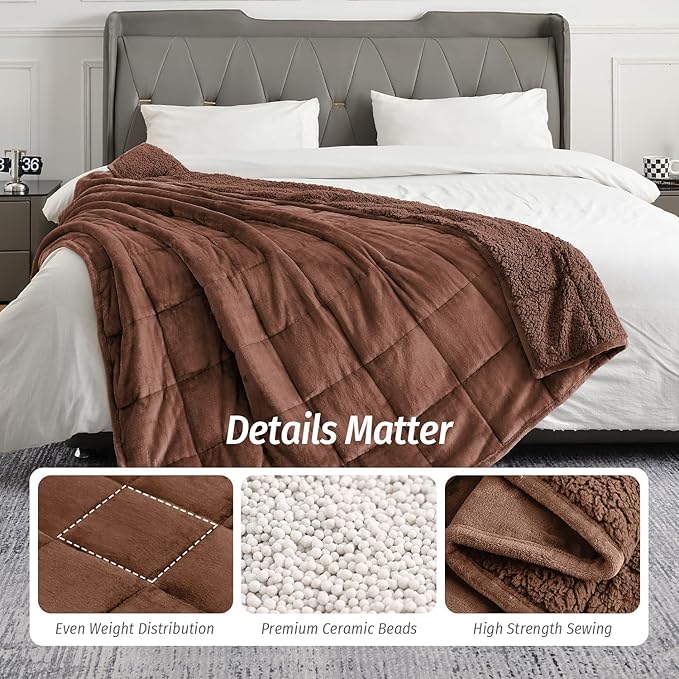 Wemore Sherpa Fleece Weighted Blanket for Adult, 15 lbs Dual Sided Cozy Fluffy Heavy Blanket, Ultra Fuzzy Throw Blanket with Soft Plush Flannel Top, 60 x 80 inches, Coffee Brown on Both Sides