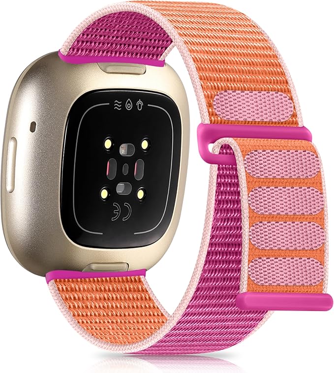 Getino Compatible with Fitbit Versa 3 4 Fitbit Sense/Sense 2 Bands for Woman Men, Adjustable Stretchy Nylon Band Sport Loop Strap Comatible for Fitbit Verasa 4 Wristbands Accessory, Pomegranate