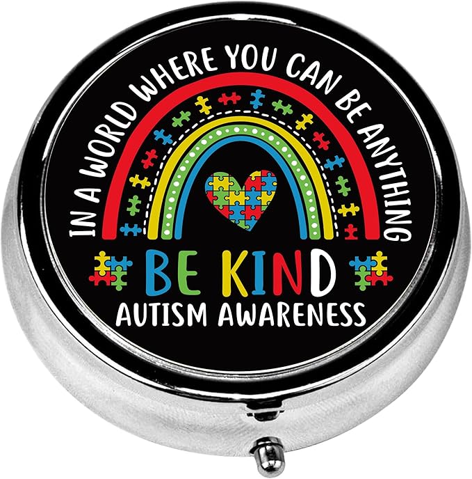 Pill Box, 3 Compartments Small Autism Awareness Pill Case Travel Portable Metal Medicine Box with Mirror Mini Container for Purse Pocket Women Men（Be Kind）
