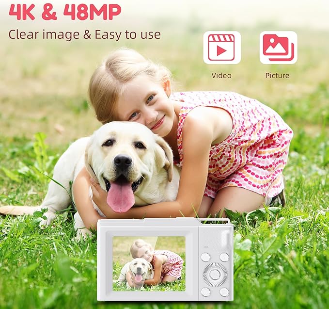 Digital Camera, FHD 4K Digital Point and Shoot Camera with 16X Zoom Anti Shake, 48MP Compact Small Camera with 32GB Card for Boys Girls Kids Snow White