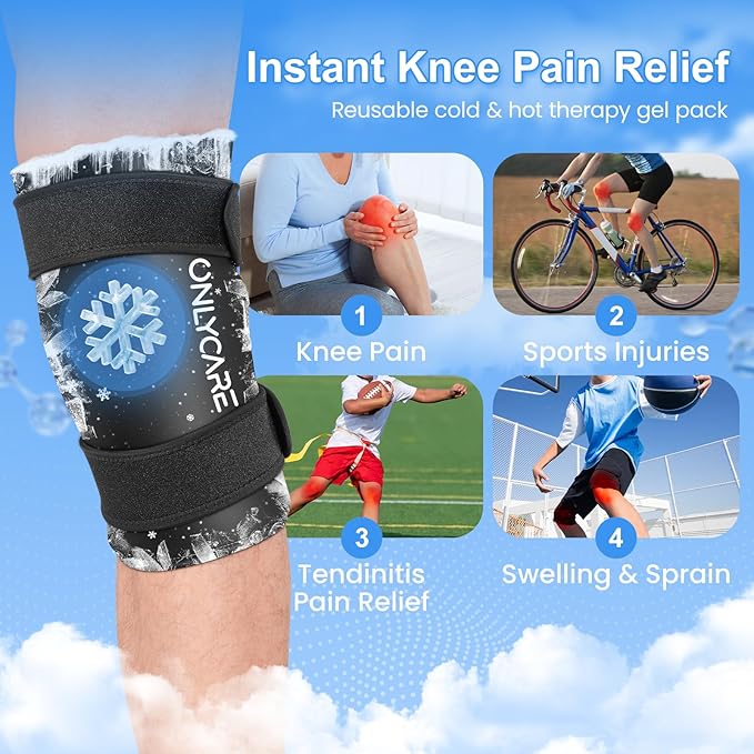 Knee Ice Pack, ONLYCARE Soothing Knee Compression Sleeve for Injuries, Upgraded Gel Cold Wrap, Hot & Cold Therapy, Reusable for Meniscus, Arthritis, ACL, MCL Pain Relief, Injury Recovery (L)