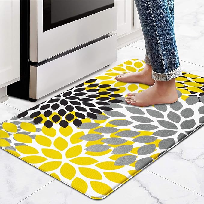 Likiyol Kitchen Mats for Floor, Anti-Fatigue Mats Kitchen Rugs Non Slip Washable, Boho Flower Waterproof Kitchen Decor Cushioned Comfort, Standing Floor Mats for Home/Office/Sink, 18''x30''(Yellow)