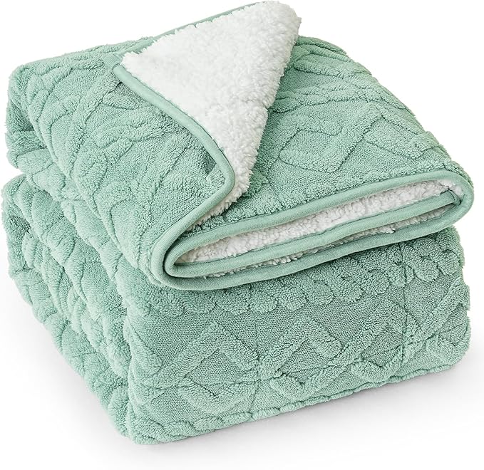 Wemore Weighted Blanket for Adults Twin Size 12 lbs, Dual Sided Soft Fuzzy Jacquard Sherpa Weighted Blankets, Cozy Fluffy Knitted Heavy Blanket, Sage Green and White, 48 x 72 inches