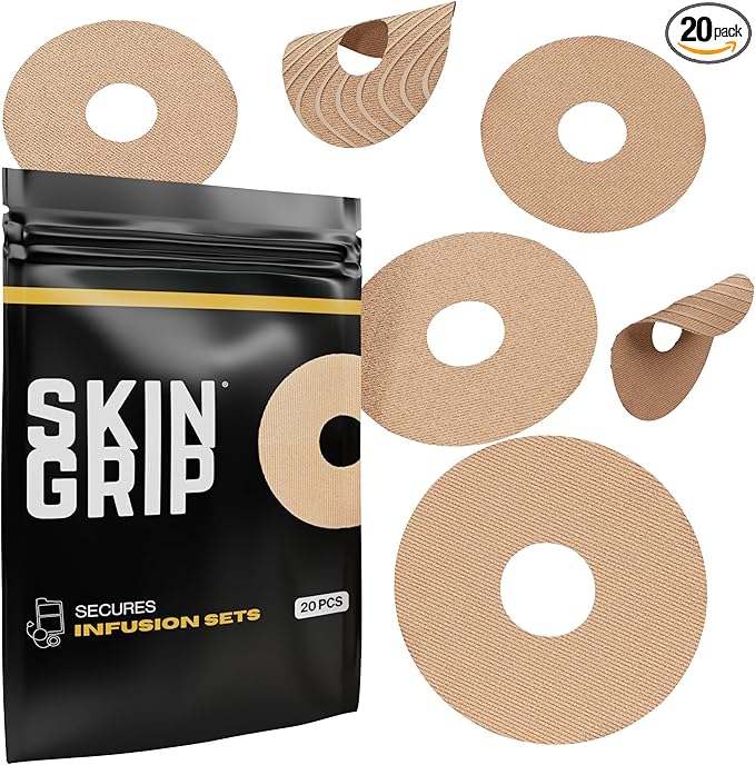Skin Grip Universal Adhesive Patches for CGM and Insulin Pumps with Cutout (20-Pack), 0.8-Inch Hole, Waterproof & Sweatproof for 10-14 Days, Glucose Monitor Patch, Diabetic Sensor Cover, Tan
